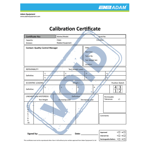 Adam Equipment Calibration Certificate for IHS/LHS Crane, AGF 600/GFK 600 Floor, BKT600 Label Printing, PTM Platform Scales - 700660288 - Click Image to Close